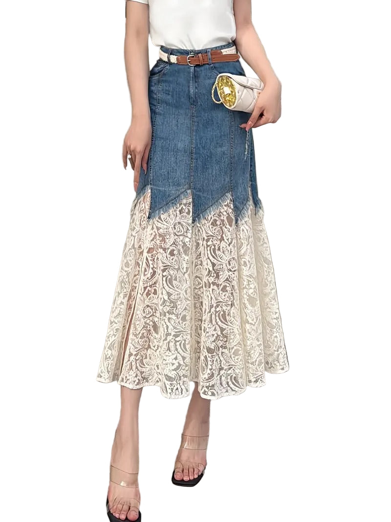 Women's Midi Skirt with Lace Overlay