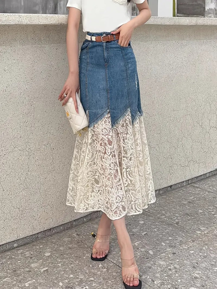 Women's Midi Skirt with Lace Overlay