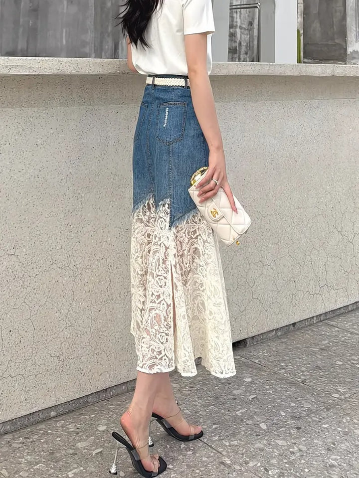 Women's Midi Skirt with Lace Overlay