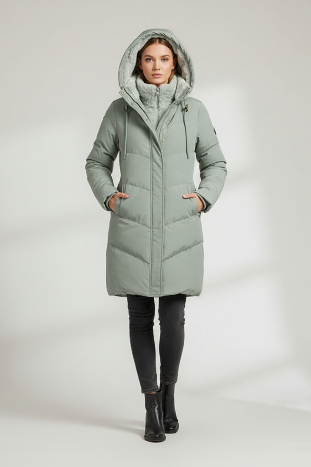 Women's Quilted Hooded Coat with Zip Closure and Side Pockets