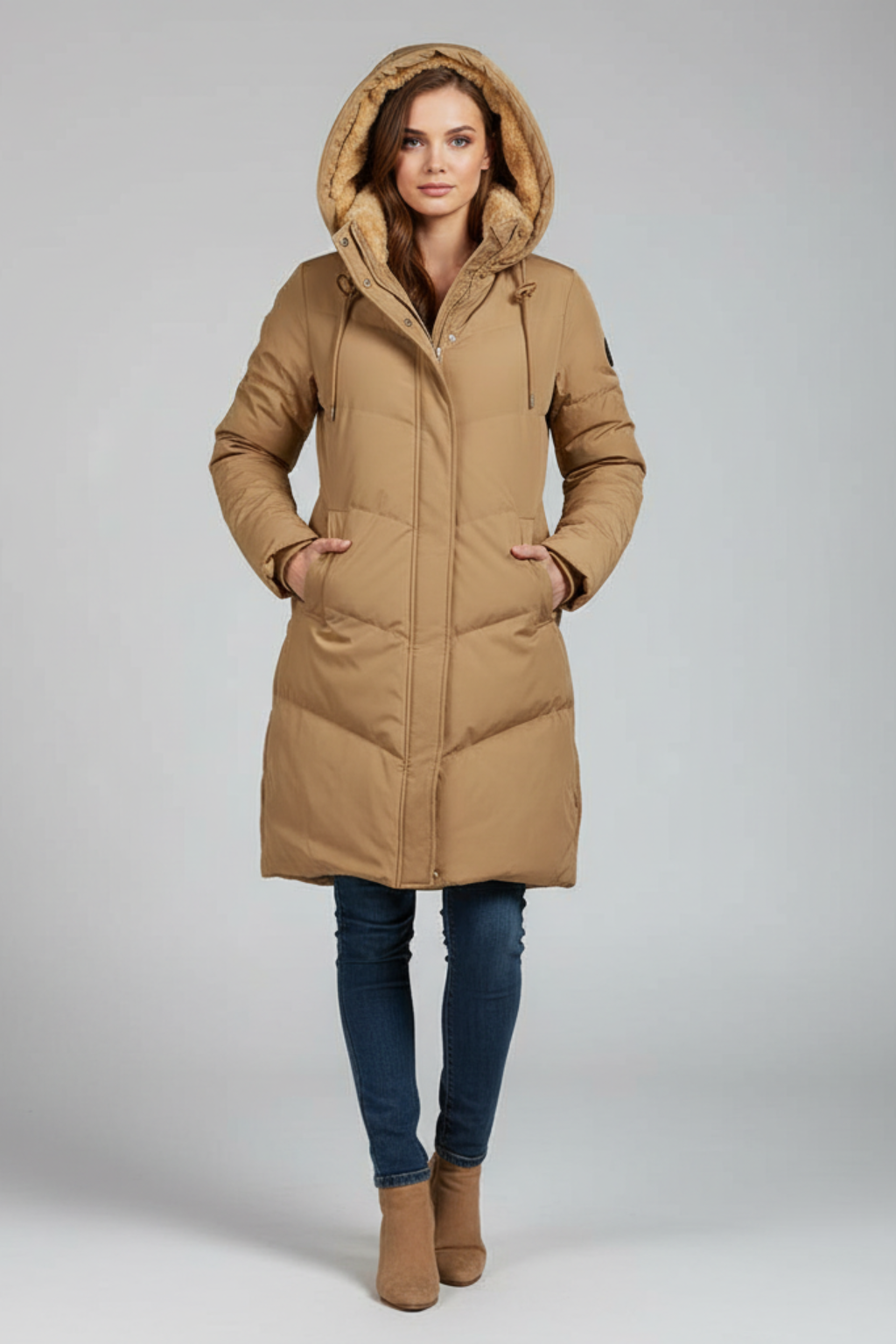 Women's Quilted Hooded Coat with Zip Closure and Side Pockets