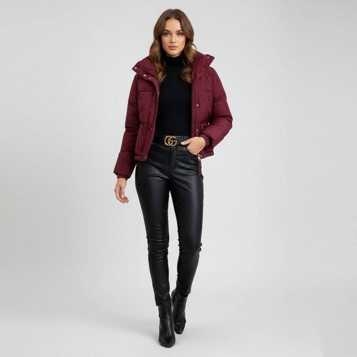 Women's Quilted Puffer Jacket with High Collar and Zip-Front Closure