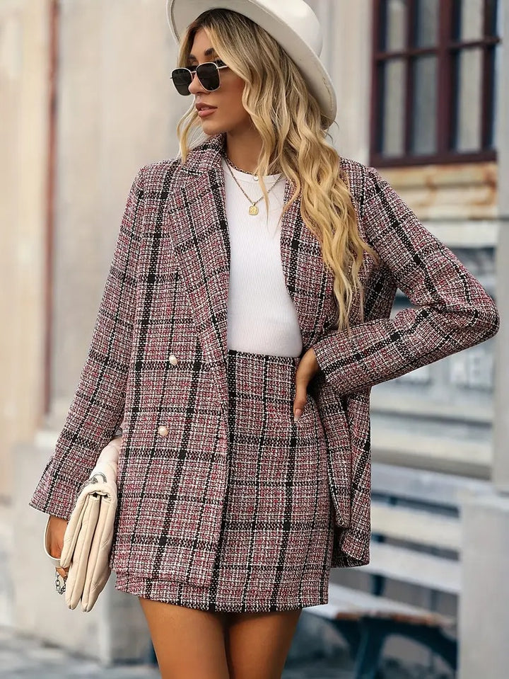 Women's Checkered Blazer and Mini Skirt Set