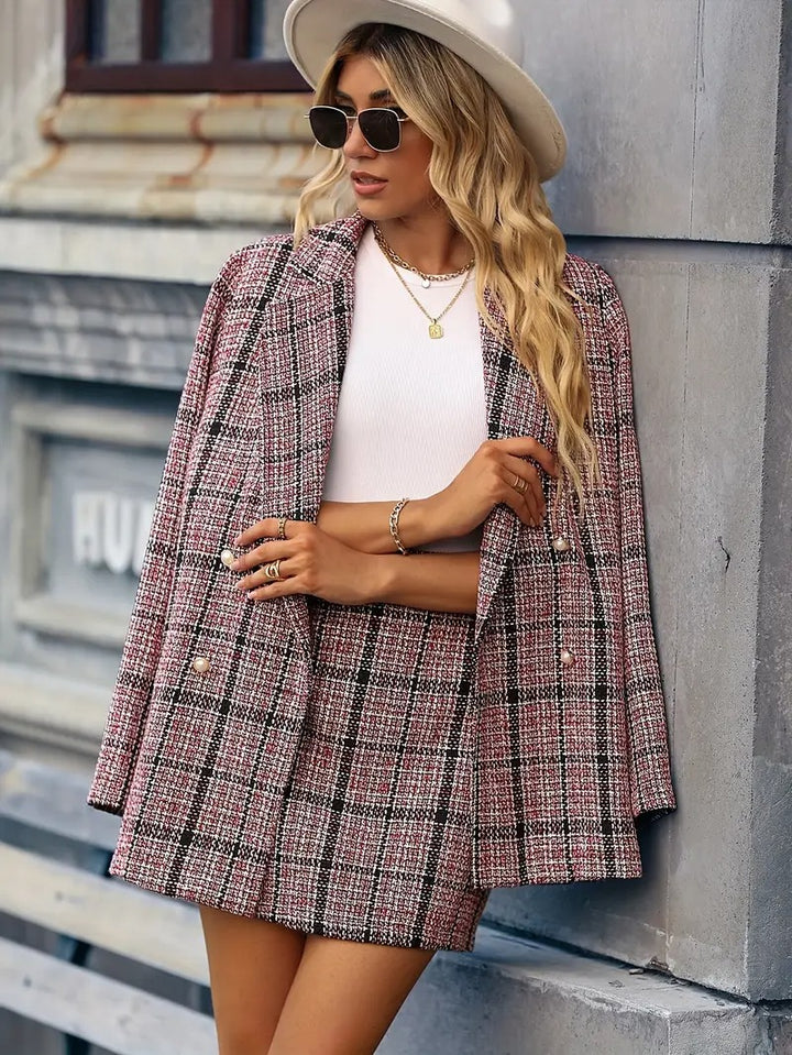 Women's Checkered Blazer and Mini Skirt Set