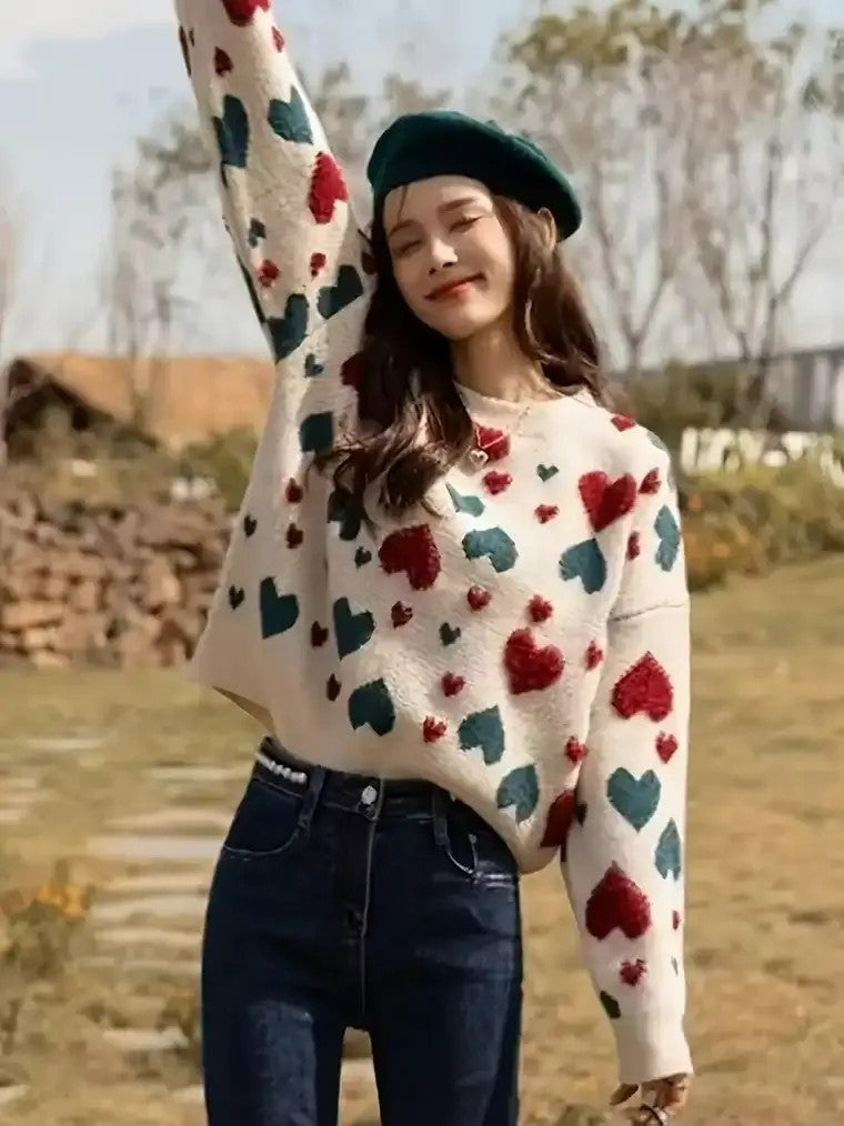 Women's Crew Neckline Sweater with Heart Motif and Long Sleeves