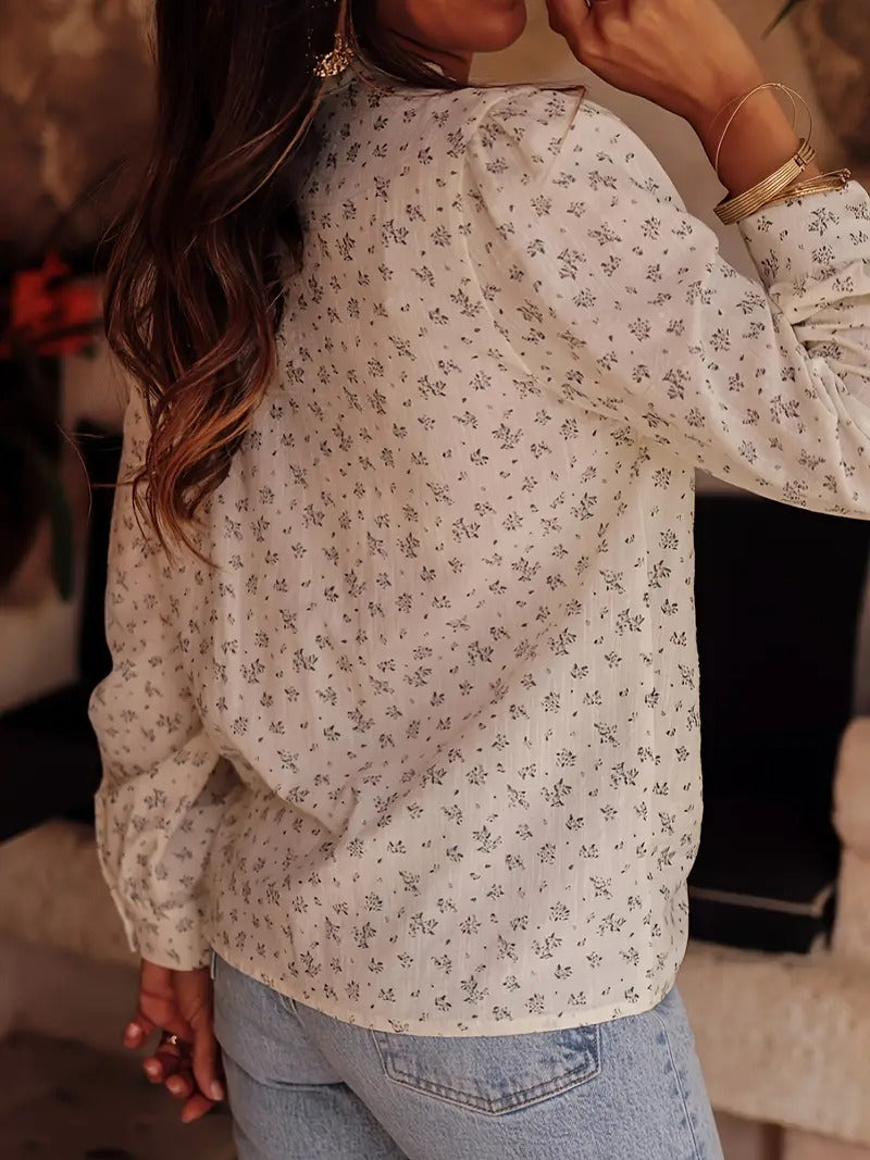 Women's Printed Blouse with Lace Trim