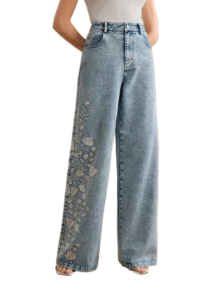 Women's Straight-Leg Pants with Floral Embroidery