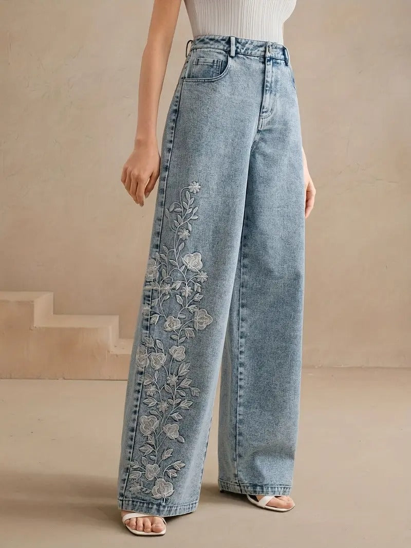 Women's Straight-Leg Pants with Floral Embroidery