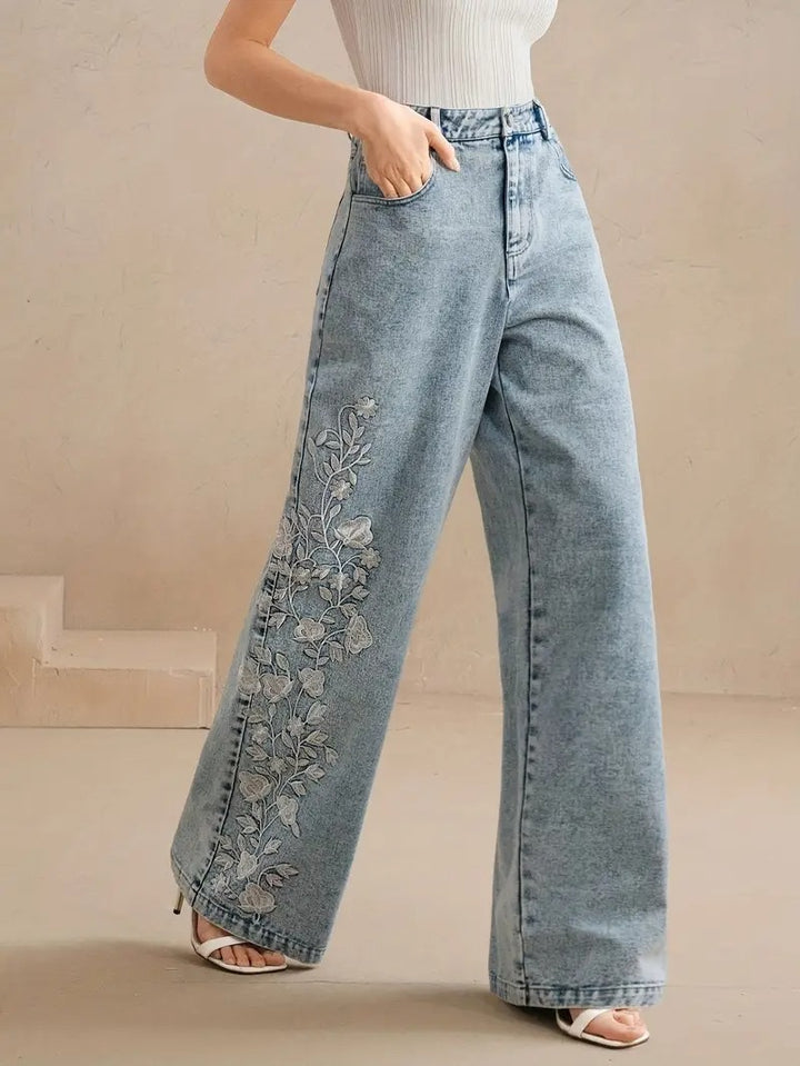 Women's Straight-Leg Pants with Floral Embroidery