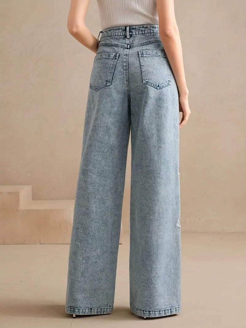 Women's Straight-Leg Pants with Floral Embroidery