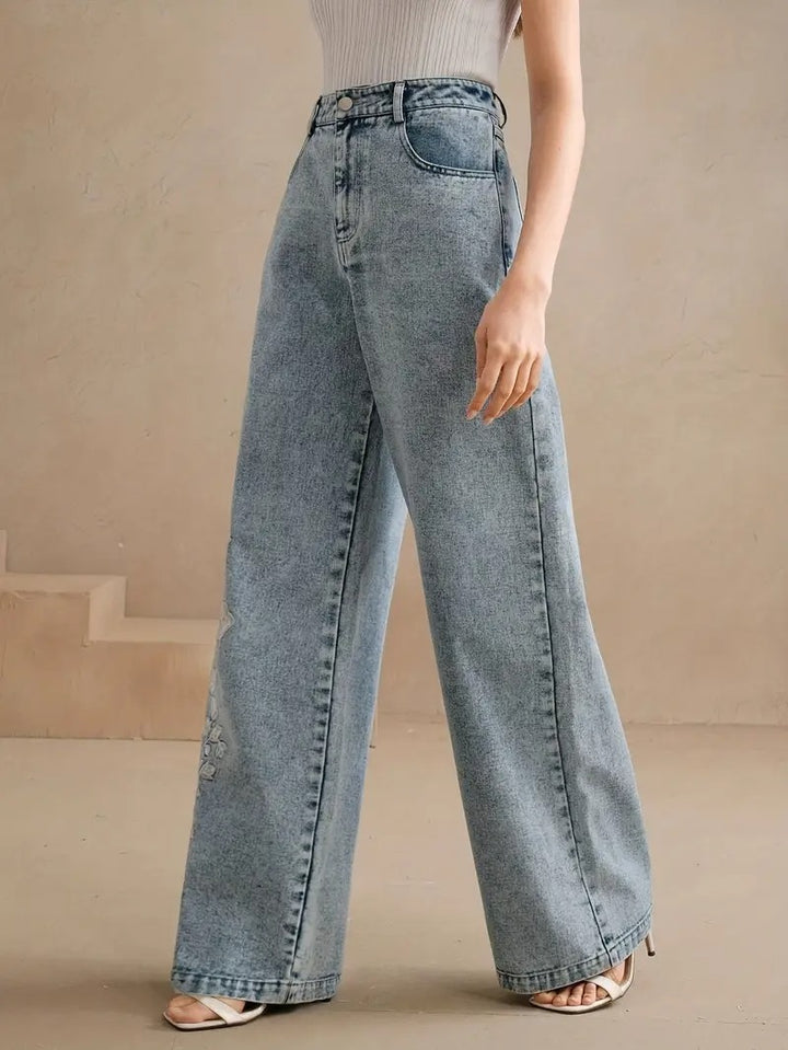 Women's Straight-Leg Pants with Floral Embroidery