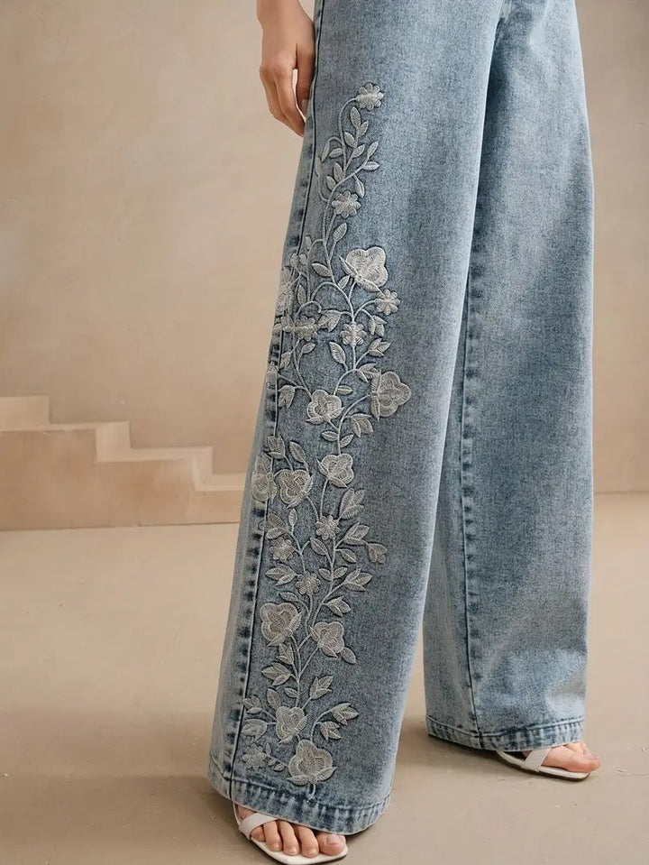 Women's Straight-Leg Pants with Floral Embroidery