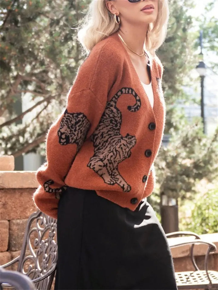 Women's Tiger Print Button-Down Cardigan