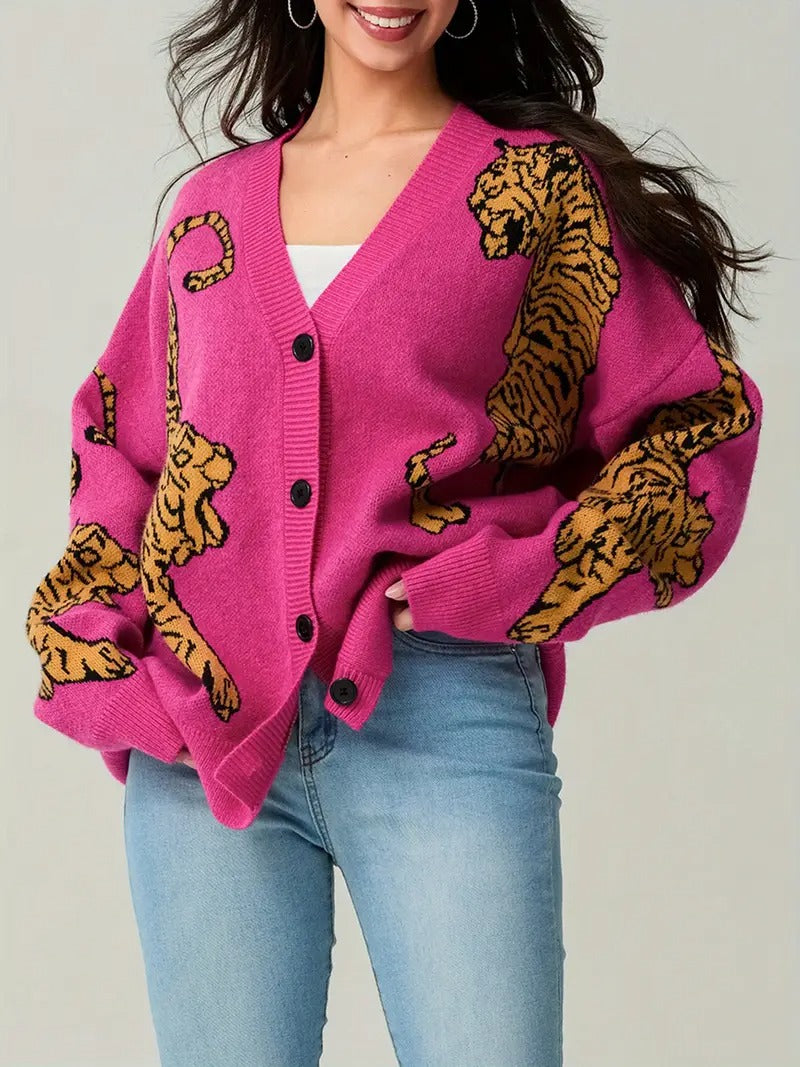 Women's Tiger Print Button-Down Cardigan