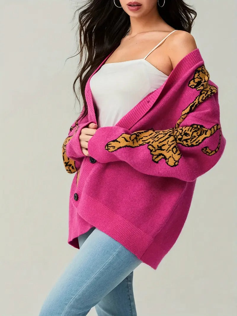 Women's Tiger Print Button-Down Cardigan