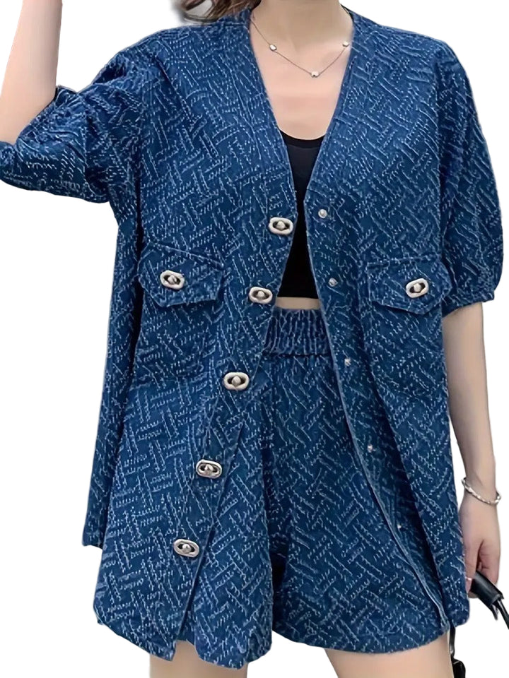 Women's Two Piece Set with Buttoned Top and Shorts