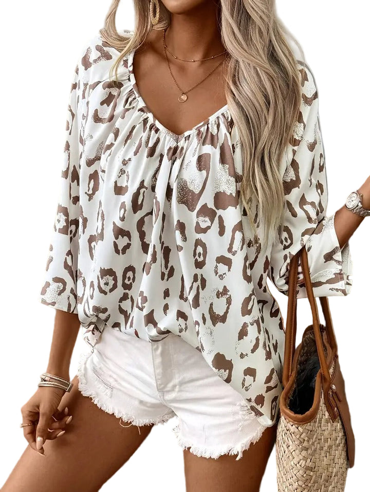 Women’s V-Neck Blouse with Leopard Print