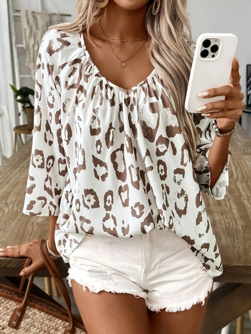 Women’s V-Neck Blouse with Leopard Print