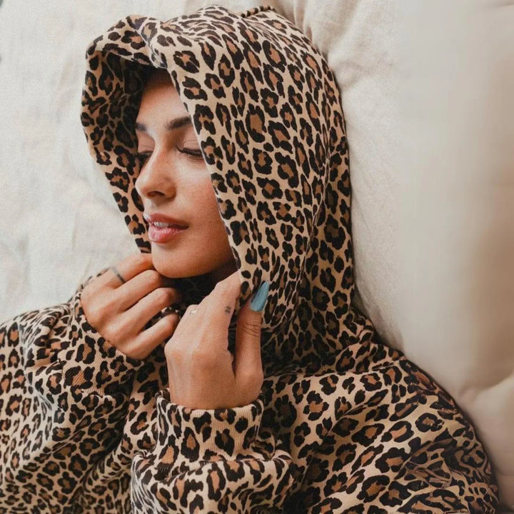 Women's Hoodie with Leopard Print and Drawstring Hood with Kangaroo Pocket