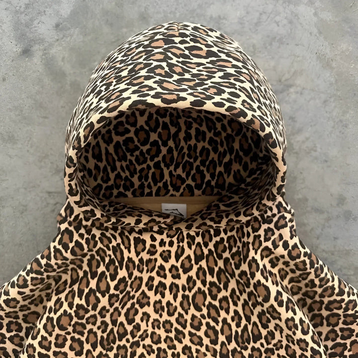 Women's Hoodie with Leopard Print and Drawstring Hood with Kangaroo Pocket