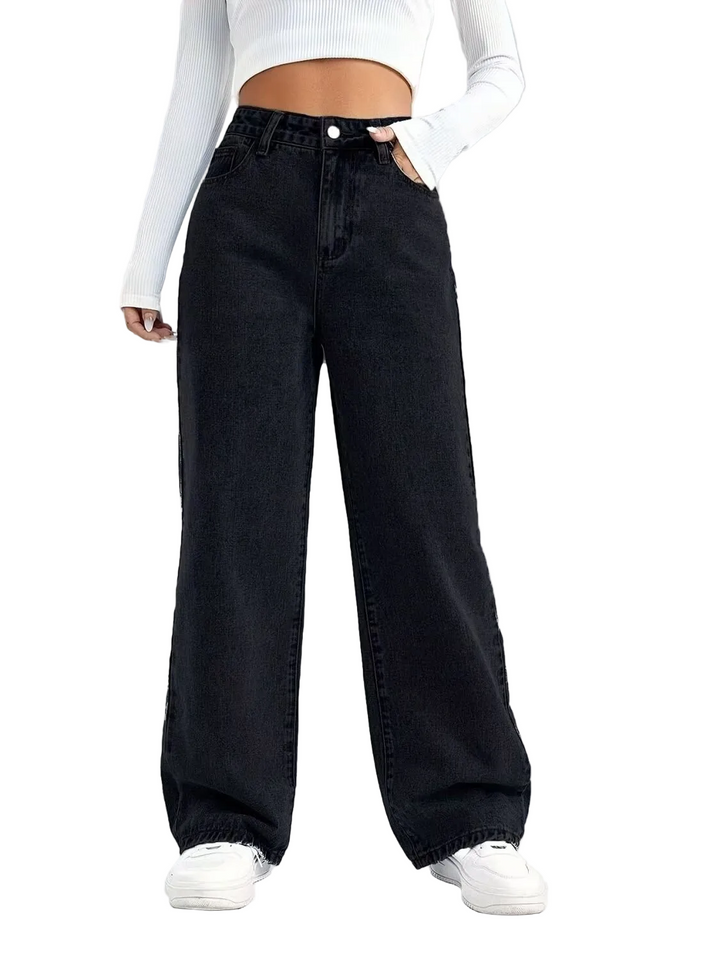 Women's High-Waisted Wide-Leg Trousers with Button Closure and Front Pockets