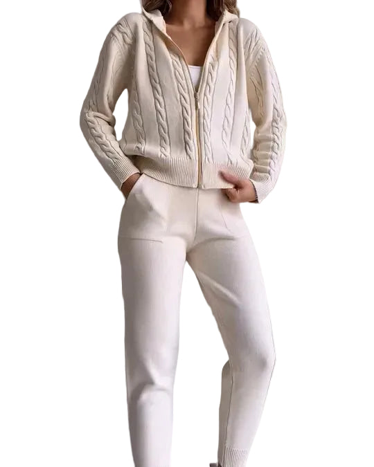 Women's Cable Knit Two-Piece Set with Hooded Zip Jacket and Cuffed Trousers