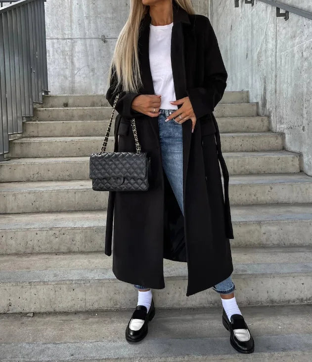 Women's Belted Coat with Notched Lapels