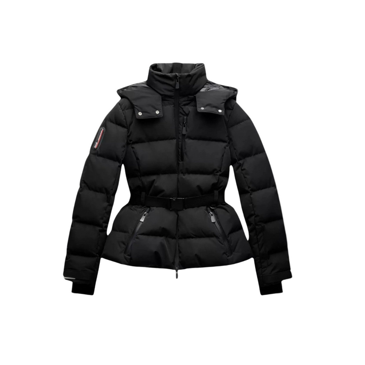 Women's Belted Puffer Coat with Stand Collar and Zip Front