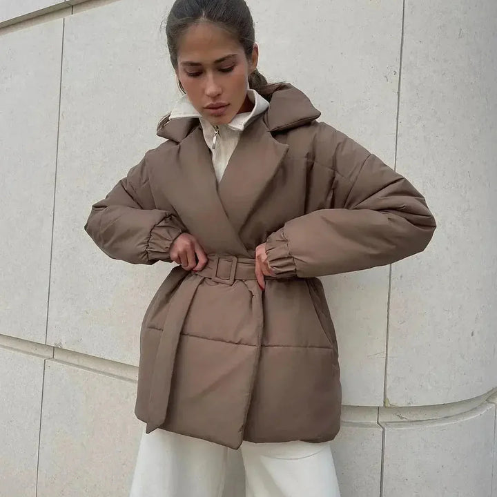 Women's Belted Puffer Jacket with Wide Collar and Ribbed Cuffs