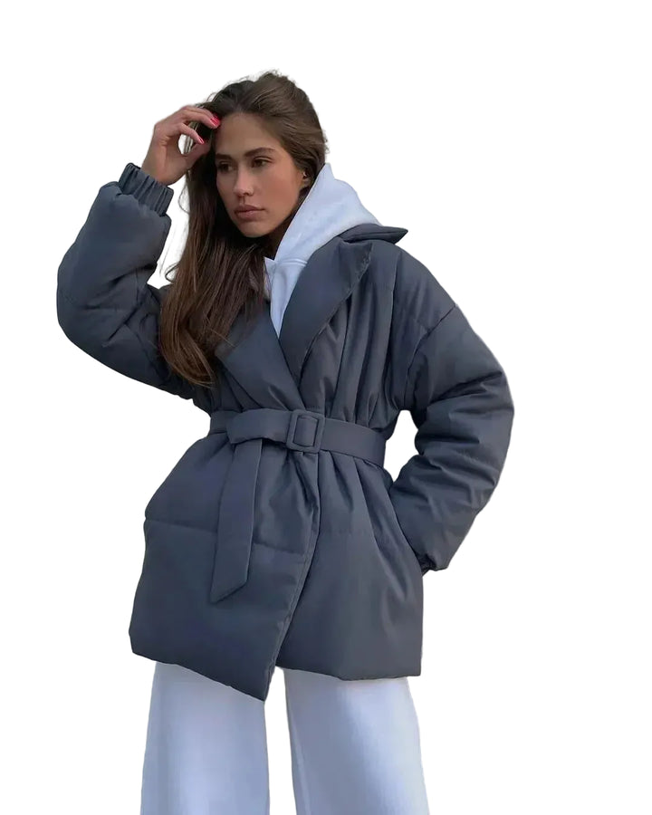 Women's Belted Puffer Jacket with Wide Collar and Ribbed Cuffs