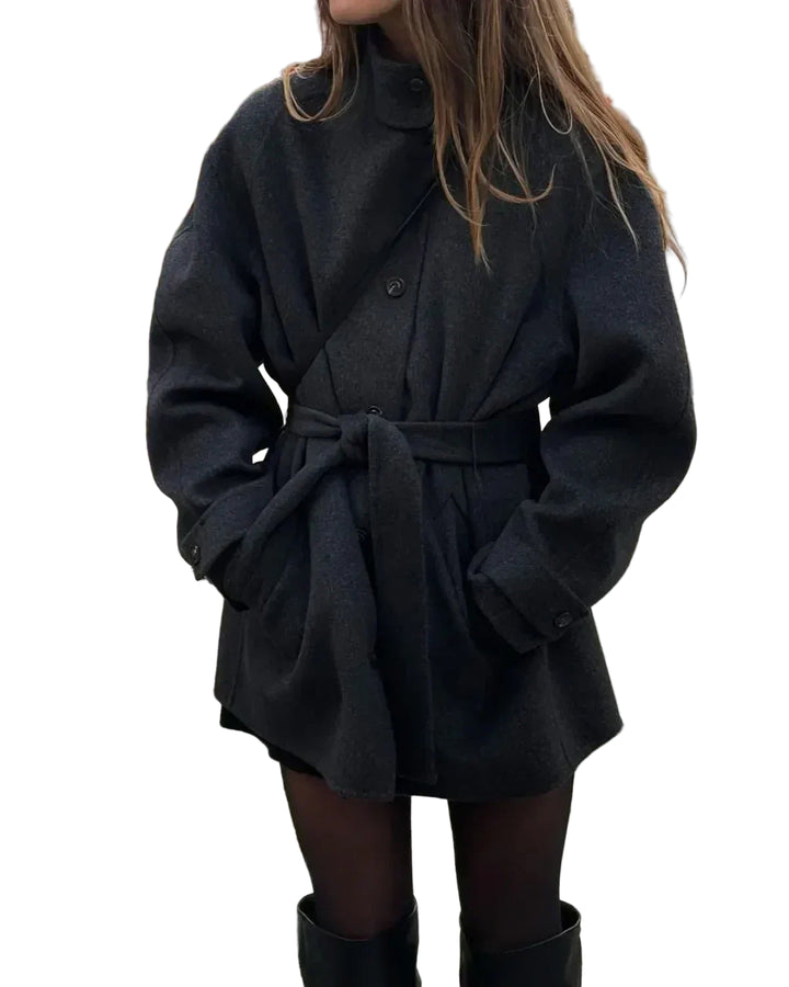 Women's Belted Short Jacket with High Collar and Long Sleeves