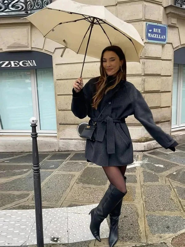 Women's Belted Short Jacket with High Collar and Long Sleeves