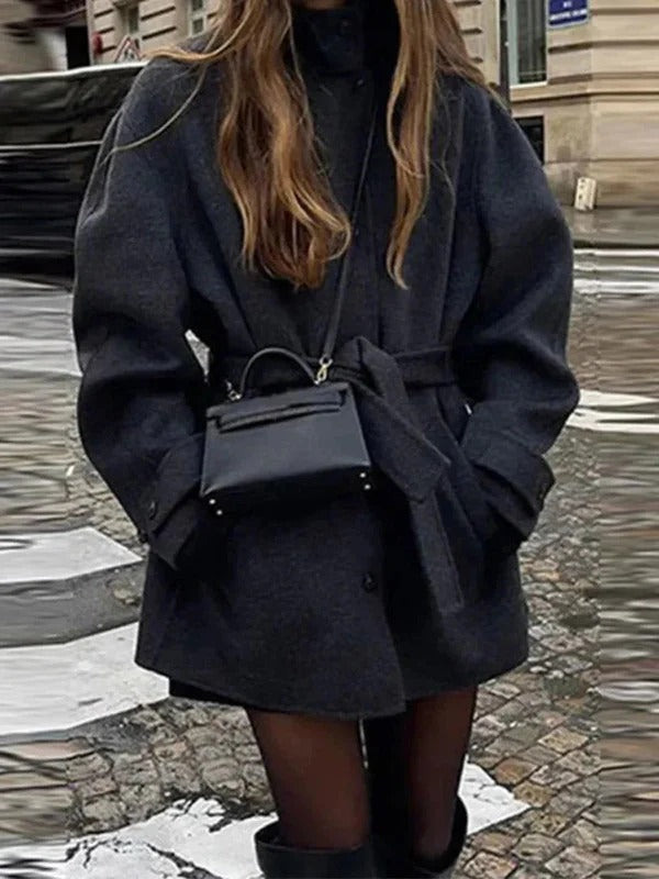 Women's Belted Short Jacket with High Collar and Long Sleeves