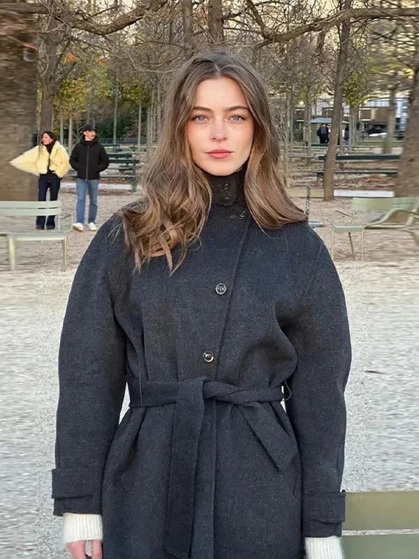 Women's Belted Short Jacket with High Collar and Long Sleeves