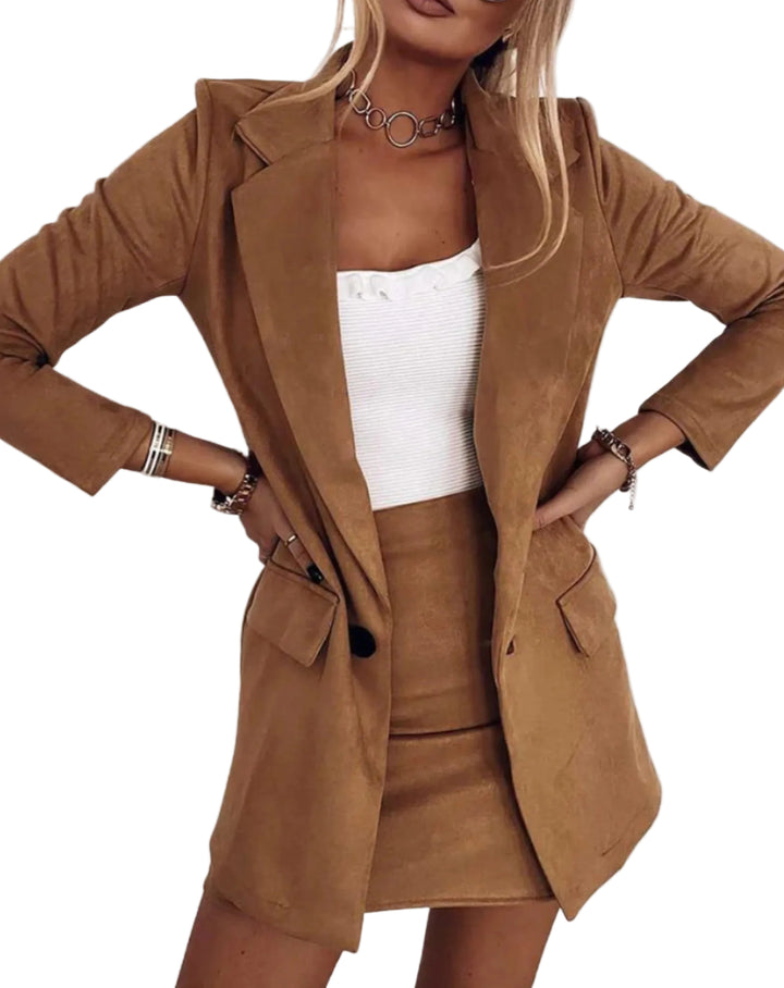 Women's Blazer and Mini Skirt Set with Lapel Collar and Patch Pockets