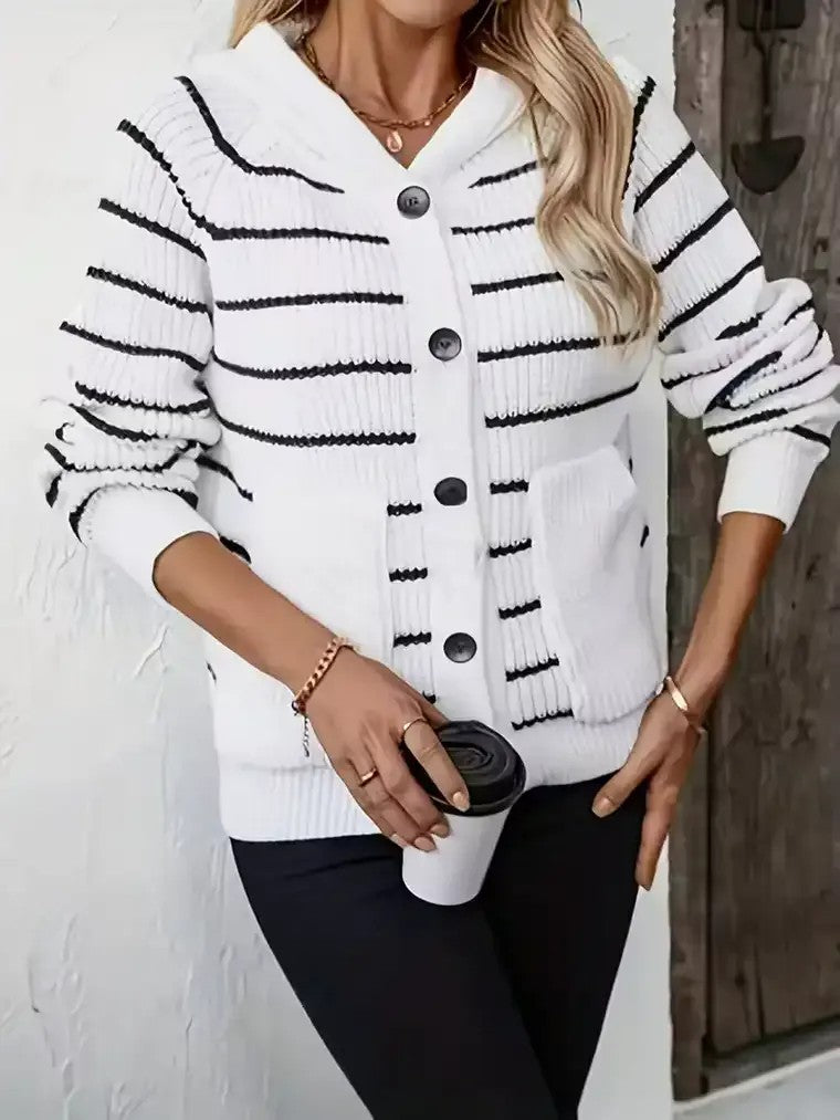 Women's Button-Front Hooded Cardigan with Horizontal Stripe Pattern and Long Sleeves