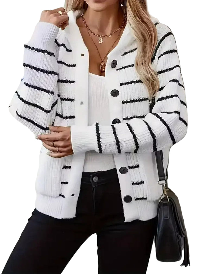 Women's Button-Front Hooded Cardigan with Horizontal Stripe Pattern and Long Sleeves