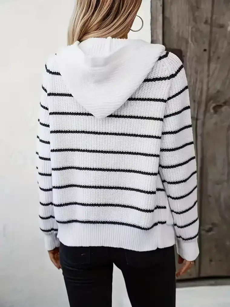 Women's Button-Front Hooded Cardigan with Horizontal Stripe Pattern and Long Sleeves