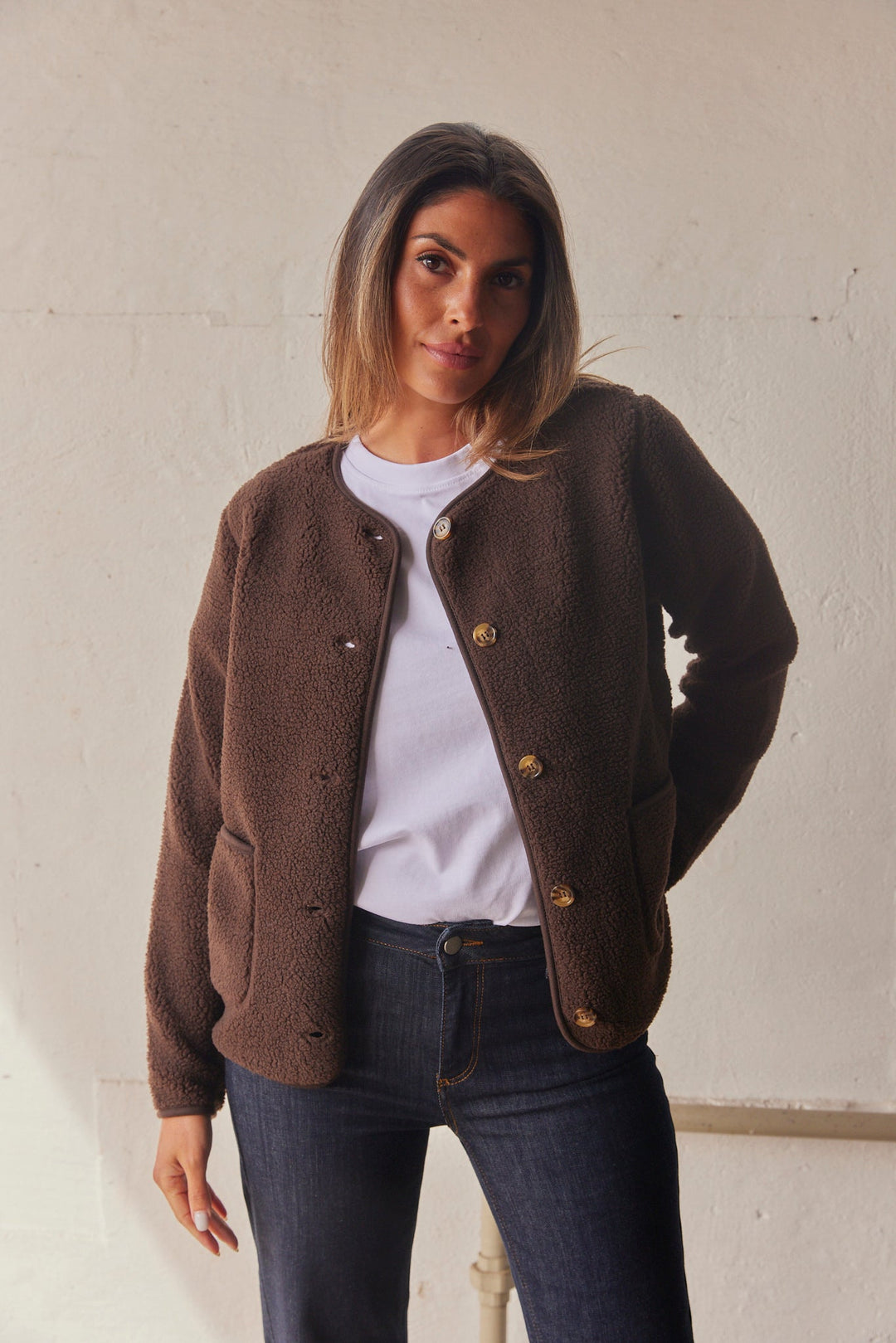 Women's Button-Front Jacket with Textured Surface and Round Neckline