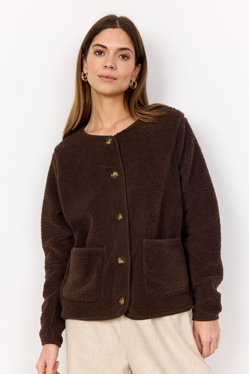 Women's Button-Front Jacket with Textured Surface and Round Neckline