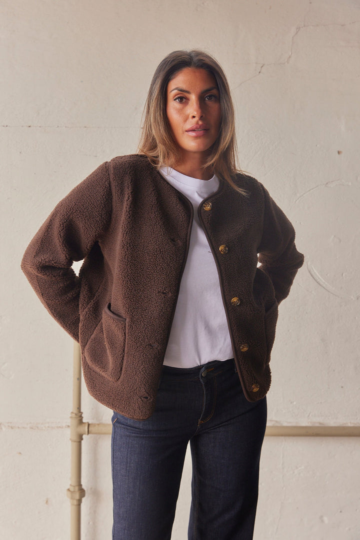 Women's Button-Front Jacket with Textured Surface and Round Neckline