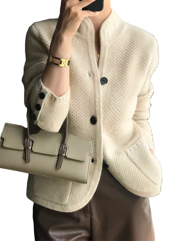 Women's Button-Front Lapel Collar Cardigan with Long Sleeves and Cable Knit Texture