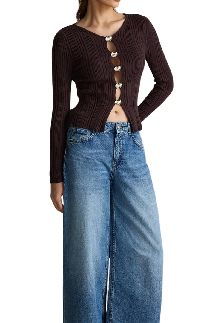 Women's Button-Front Ribbed Knit Jumper with Round Neckline and Long Sleeves