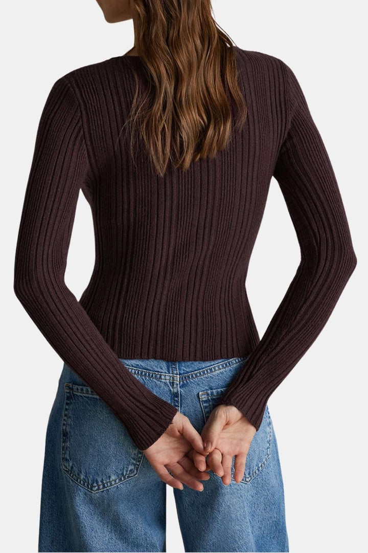Women's Button-Front Ribbed Knit Jumper with Round Neckline and Long Sleeves