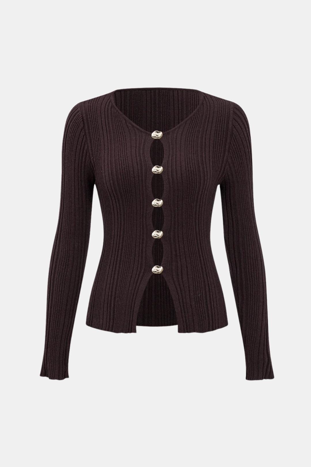 Women's Button-Front Ribbed Knit Jumper with Round Neckline and Long Sleeves