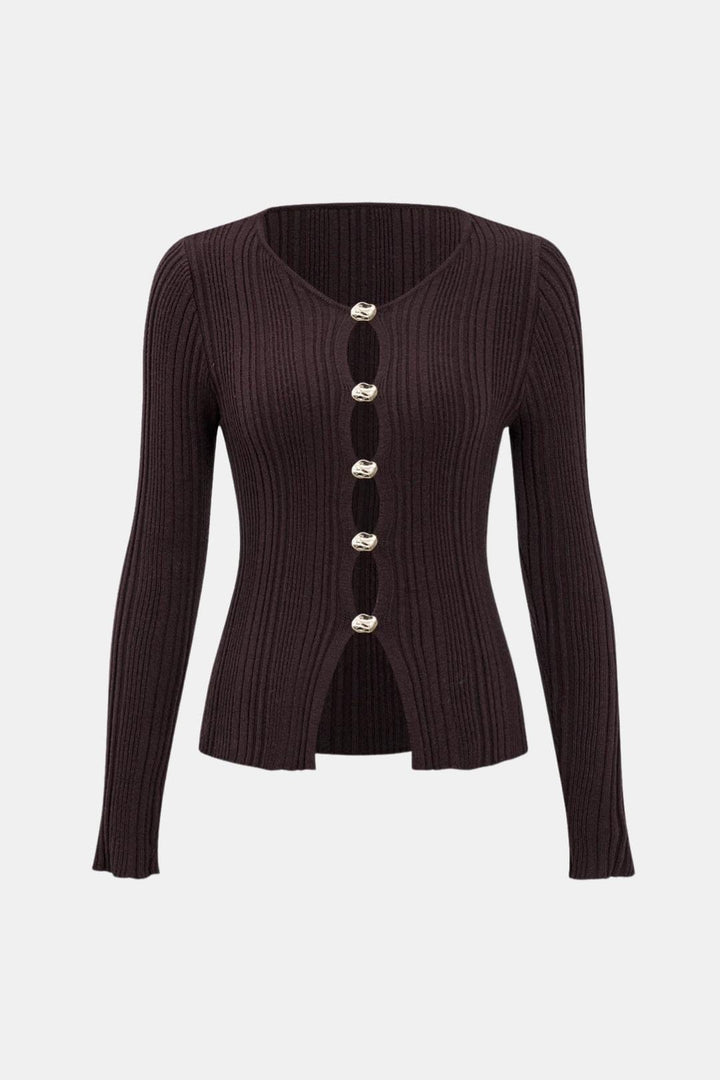 Women's Button-Front Ribbed Knit Jumper with Round Neckline and Long Sleeves
