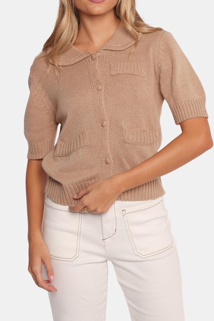 Women's Button-Front Short Sleeve Cardigan with Polo Collar and Ribbed Texture
