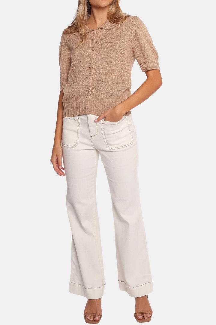 Women's Button-Front Short Sleeve Cardigan with Polo Collar and Ribbed Texture