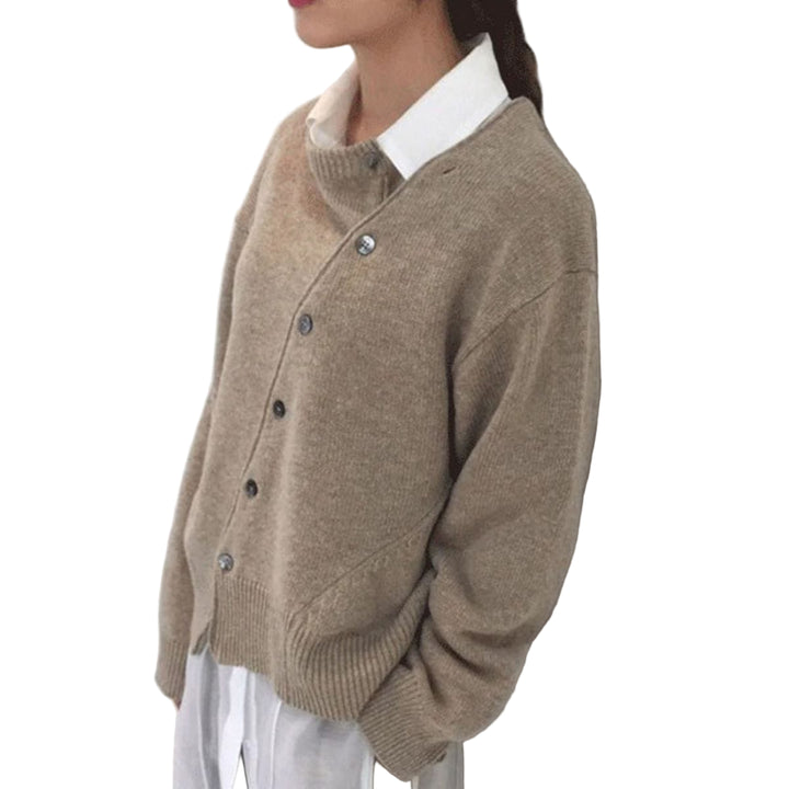 Women's Button-Front V-Neckline Cardigan with Long Sleeves and Ribbed Cuffs