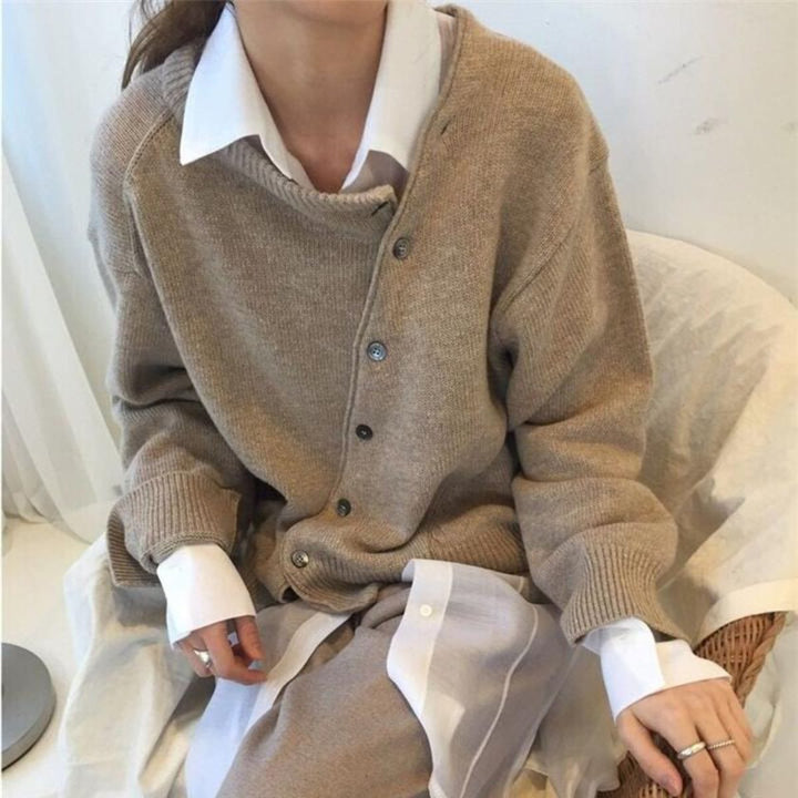 Women's Button-Front V-Neckline Cardigan with Long Sleeves and Ribbed Cuffs